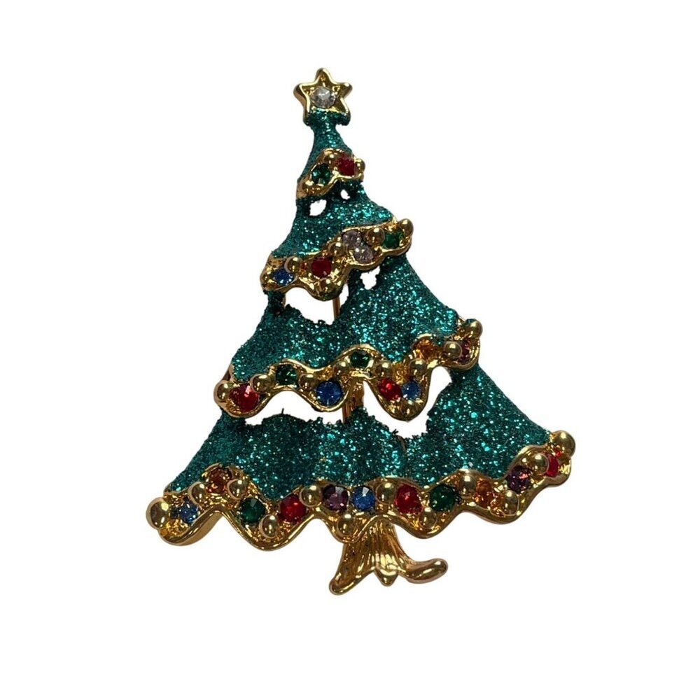 Vintage Gold-Tone Christmas Tree Brooch Green Glitter‎ Multicolor Rhinestones